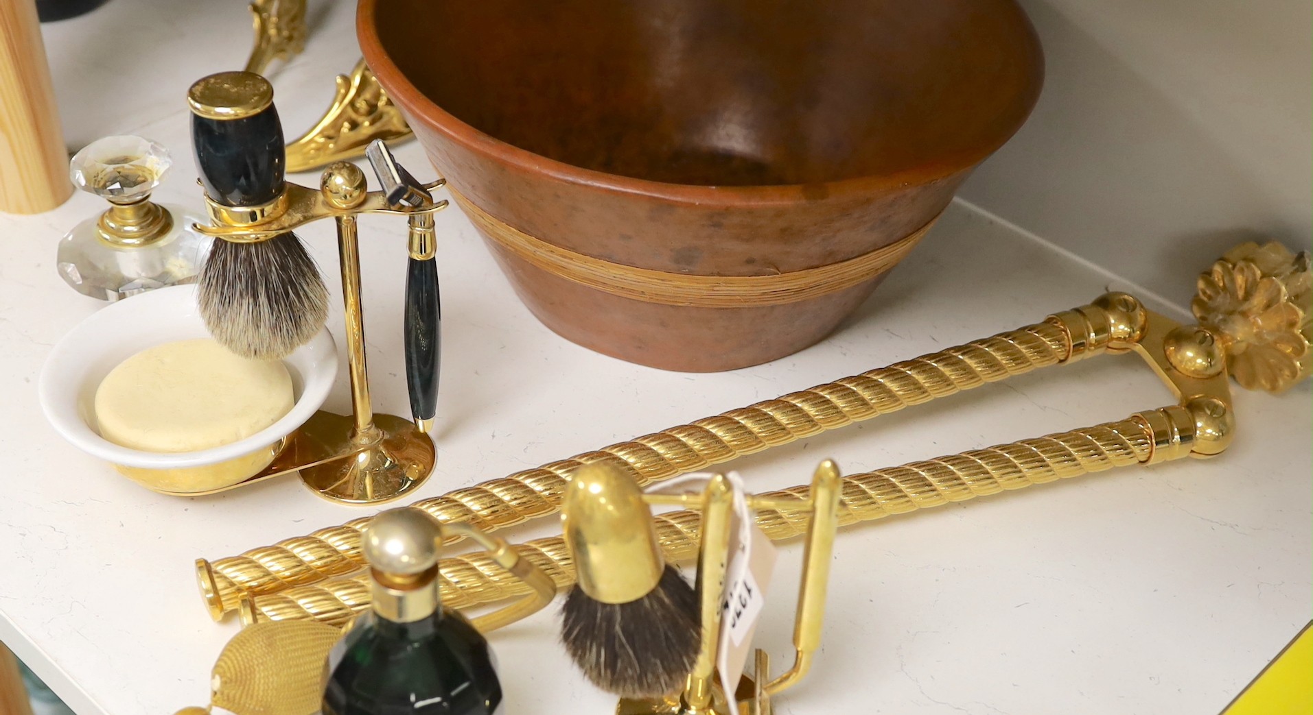 Harrods gold-plated bathroom fittings, Faberge atomiser, stylish shaving equipment, together with other decorative wares